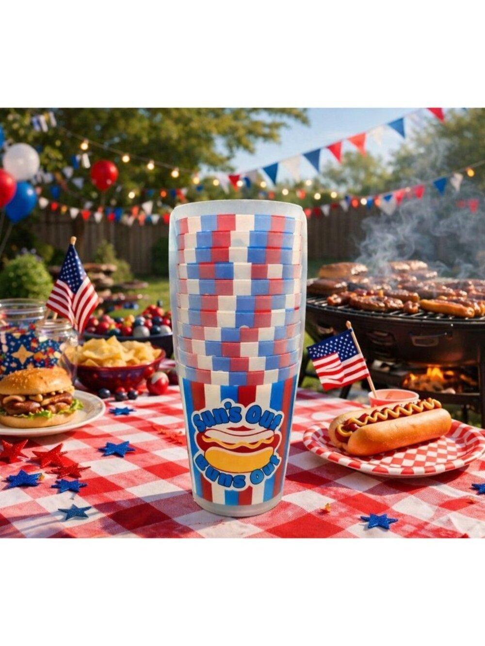 12 New 4th Of July Sun's Out Buns Star & Stripes Plastic Party Beverage Cup Set